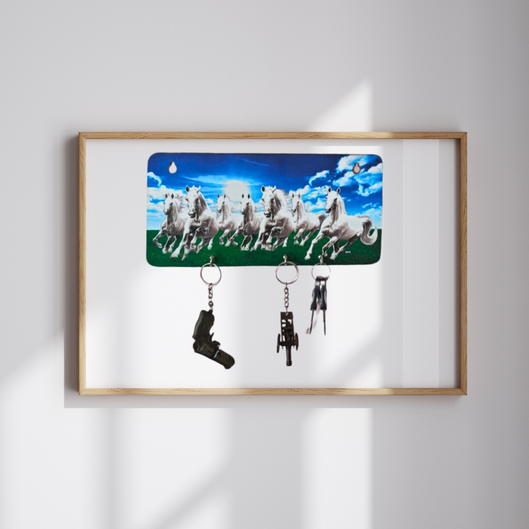 7 Horses Wooden Key Holder From Craft Elya | Handcrafted Wall Key Stand with 7 Hooks